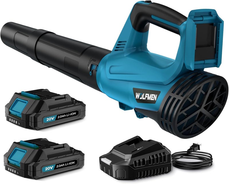 WOLFMEN Leaf Blower, Electric Cordless Leaf Blower with 2 Batteries and Charger, 2 Speed Mode, Lightweight Leaf Blowers for Blowing Leaves, Lawn Care, Patio Cleaning and Dust - Image 1